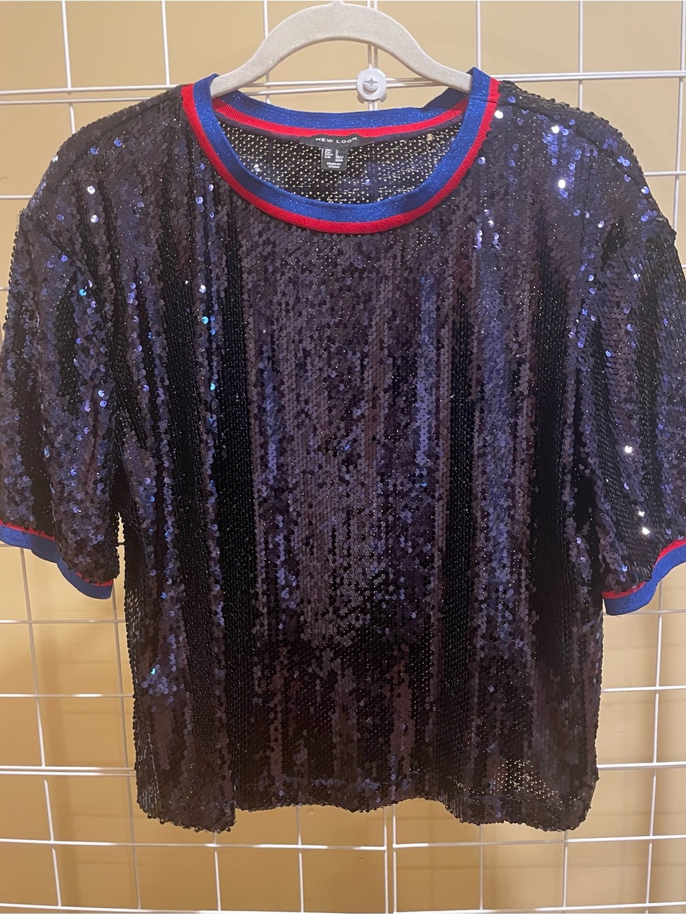 New Look Navy Blue Sequined Top, Size L, boxy, roomy silhouette, dressy, stretch - Picture 2 of 12